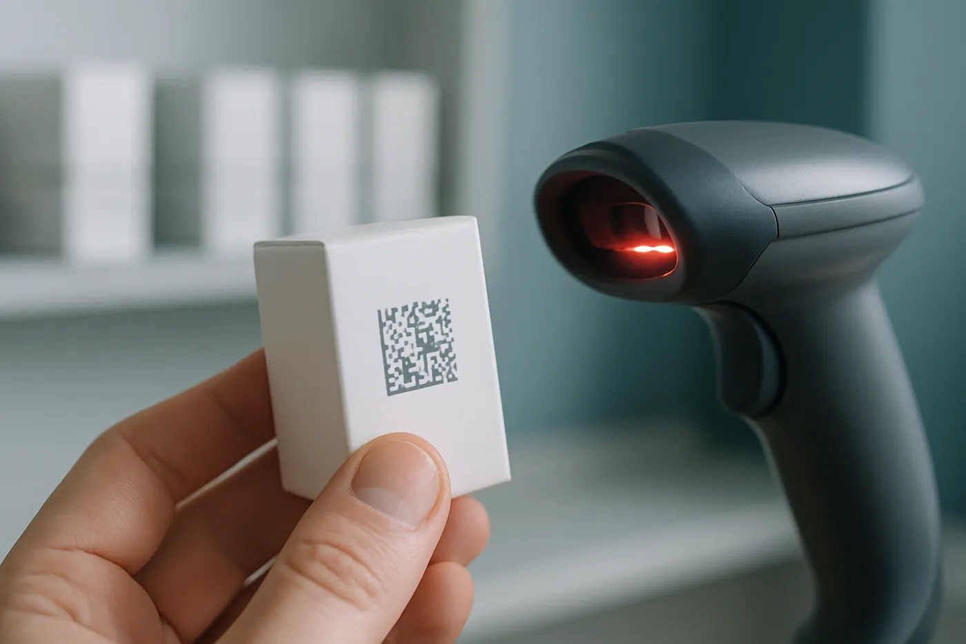 Kézben tartott fogászati anyagos doboz 2D DataMatrix kóddal, mellette vonalkódolvasó